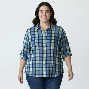 Lands End Womens Plaid Button Top Size 26W Long Sleeve Prep Office Outdoors Camp